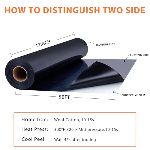 RENLITONG Black Iron on Vinyl 12Inch by 50ft Roll Heat Transfer Vinyl for T