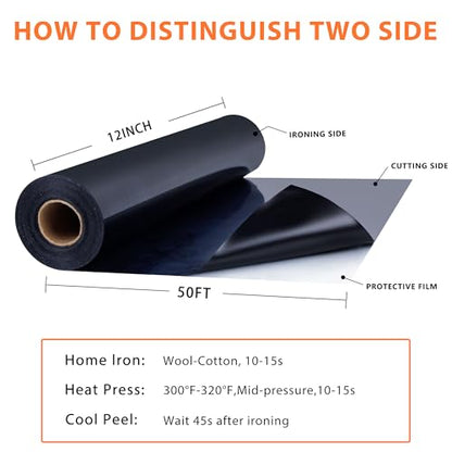 RENLITONG Black Iron on Vinyl 12Inch by 50ft Roll Heat Transfer Vinyl for T