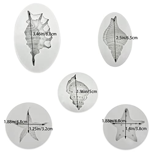 5 Pcs Seashell Starfish Silicone Mold Cake Fondant Silicone Mold Seashell Conch Baking Moldsfor DIY Cake Decoration Chocolate Candy Polymer Clay Crafting Projects (5 Count)