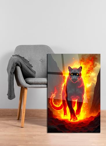 Fiery Black Panther Glass Wall Art Painting for Living Room