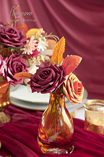 Artificial Flowers 16pcs 3.5" Real Looking Burgundy Foam Fake Hybrid Tea Roses with Stems for DIY Red Wedding Bouquets Bridal Shower Centerpieces Floral Arrangements Party Tables Decoration (24 Count)