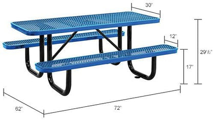 Global Industrial 6’L Rectangular Picnic Table, Expanded Metal, Blue Thermoplastic Coating, Attached Benches, 1-1/2” Umbrella Pole Hole, Outdoor-Rated, 1000 lb Capacity, 72” x 30” Tabletop