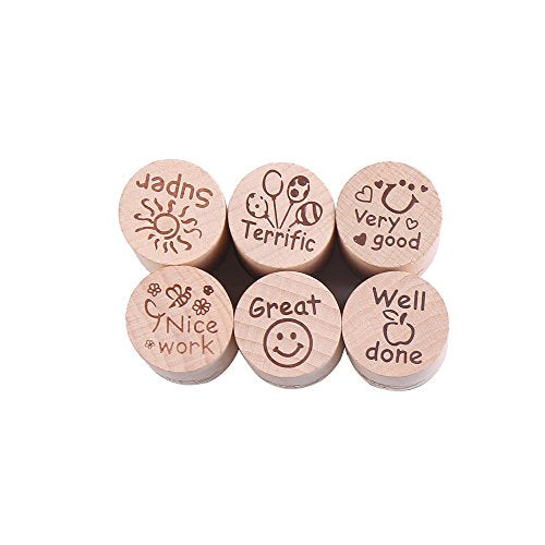 6pcs Round Wood Rubber Stamp for School Teachers English Toy Stamp Au116s1p1us1 (6 Count)