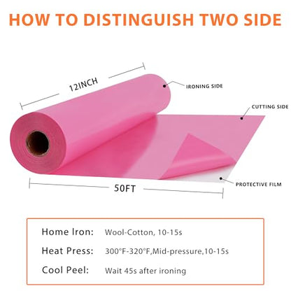 RENLITONG Pink Iron on Vinyl 12Inch by 50ft Roll Heat Transfer Vinyl for T