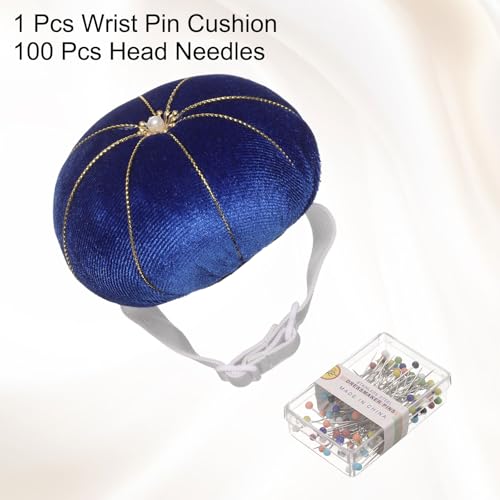 Wrist Pin Cushion Wristband Sewing Pincushion Polyester Pin Holder Wearable Pumpkin Shaped Needles Wristband with 100 Head Needles for Sewing Quilting DIY Crafts