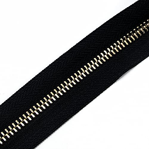 5 Metal Zippers Roll Bulk 2 Yards Black Zipper by The Yards with 10 pcs Sliders Light Gold Teeth Zipper for Sewing Bag Craft Backpack