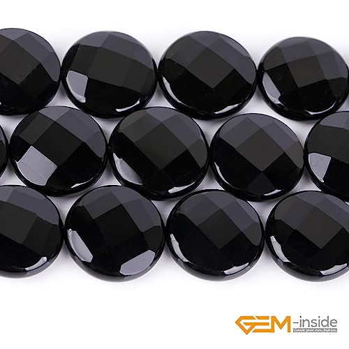 GEM Inside Facted Black Agate Gemstone Loose Beads Coin 20mm Crystal Energy Stone Power for Jewelry Making 15"