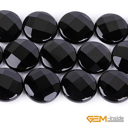 GEM Inside Facted Black Agate Gemstone Loose Beads Coin 20mm Crystal Energy Stone Power for Jewelry Making 15"