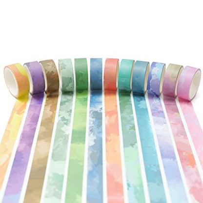 Watercolors Washi Tape Set 12 Rolls Pastel Colors Masking Macaron Graphic Decorative Tapes for Arts (196.8 Foot)