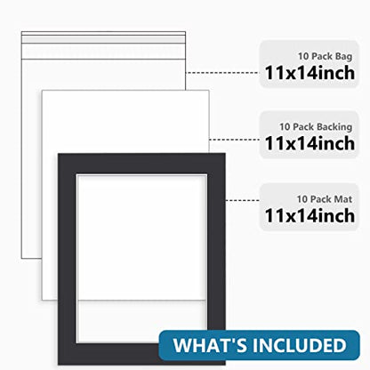 10 Pack 11x14 Black Picture Mat Kit for 8.5x11 Photo with Bevel Cut