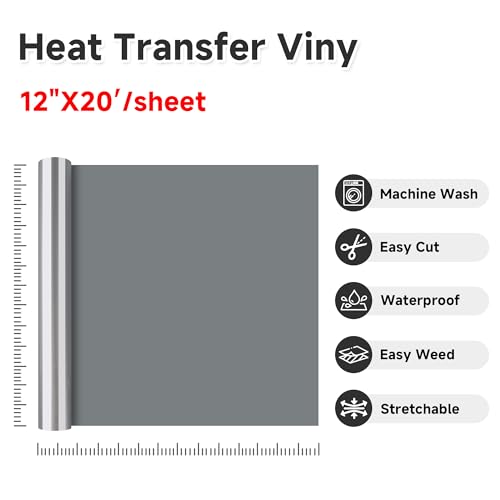 RENLITONG Light Gray Iron on Vinyl 12Inch by 20ft Roll Heat Transfer Vinyl for T