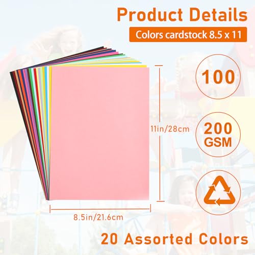 100 Sheets 20 Assorted Colors Cardstock 8.5 x 11 Craft Paper 75lb (100 Count)