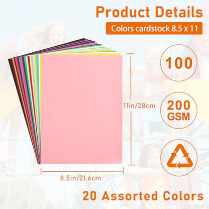 100 Sheets 20 Assorted Colors Cardstock 8.5 x 11 Craft Paper 75lb (100 Count)