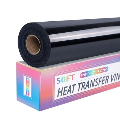 RENLITONG Black Iron on Vinyl 12Inch by 50ft Roll Heat Transfer Vinyl for T
