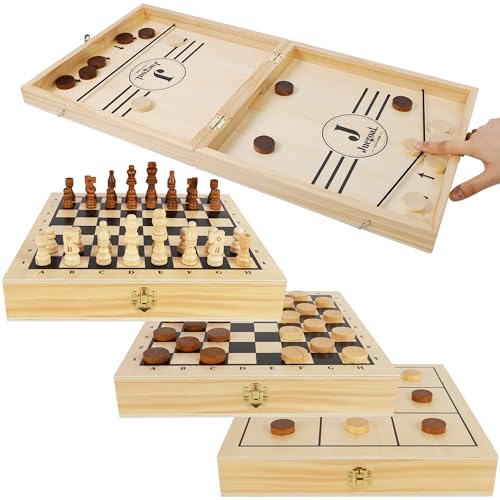 4-in-1 Wooden Fast Sling Puck Set for Kids and Adults, Chess, Checkers, Tic Tac Toe Games, Travel Portable Folding Tabletop Chess Board Game Sets, Interactive Families Toys