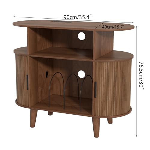 Large Round Record Player Stand with Charging Station & USB Ports