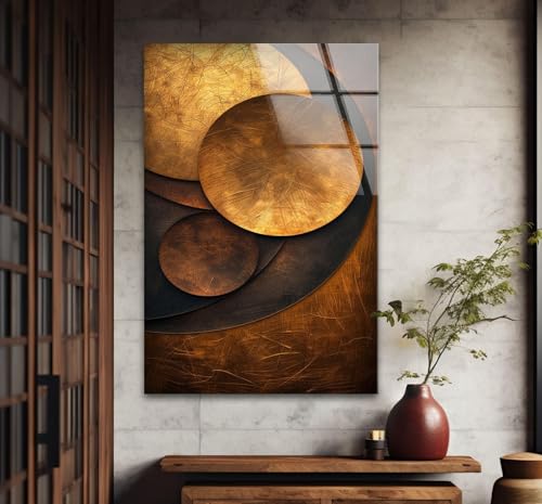 18Wx28H'' Bronze Art Deco Geometric Motifs Glass Wall Art Tempered Glass Printing Wall Decor Large Wall Art Wall Hangings