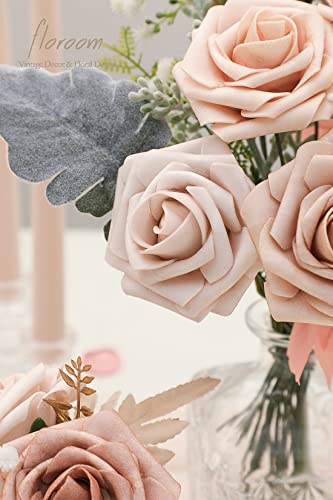 Artificial Flowers 25pcs Real Looking Morandi Peach Ombre Colors Foam Fake Roses with Stems for DIY Wedding Bouquets Bridal Shower Floral Centerpieces Party Tables Home Decorations (25 Count)