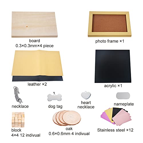 77pcs Laser Engraving Material Kit DIY Material Package for Custom Business Card Metal Plywood Pet ID Keychain