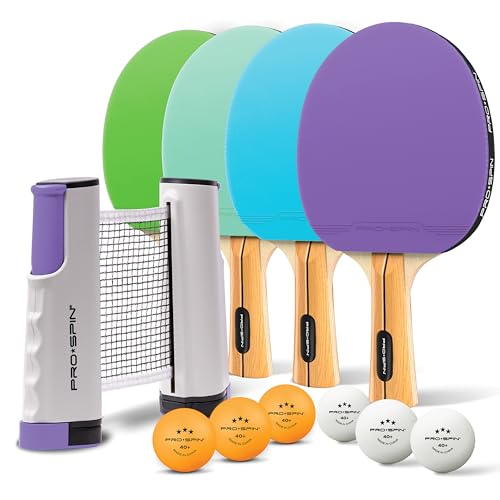 Portable Ping Pong Set with Retractable Ping Pong Net for Any Table (4 Count)