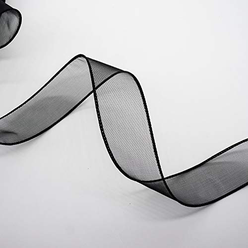 Sheer Organza Wired Ribbon 1.5" x 25 Yards x 2 Rolls Black for Wedding Chair Bow Flora Bouquet Gift Wrapping Christmas Tree Home Decor Wreath (150 Foot)