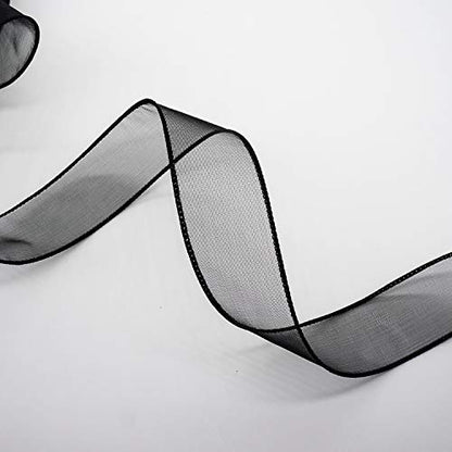 Sheer Organza Wired Ribbon 1.5" x 25 Yards x 2 Rolls Black for Wedding Chair Bow Flora Bouquet Gift Wrapping Christmas Tree Home Decor Wreath (150 Foot)