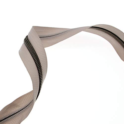 5 Beige Zipper Tape Antique Brass Teeth Metallic Nylon Coil Zipper by The Yard Bulk 10 Yards with 25pcs Brass Sliders Long Zippers for DIY Sewing Tailor Craft Bag