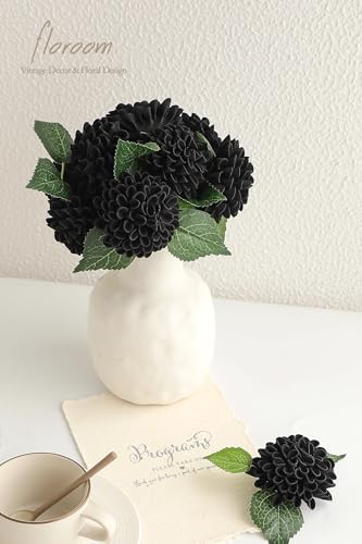 Artificial Dahlia Flowers 25pcs Real Looking Black Foam Fake Roses with Stems for DIY Wedding Bouquets Bridal Shower Centerpieces Floral Arrangements Party Tables Home Decoration (25 Count)