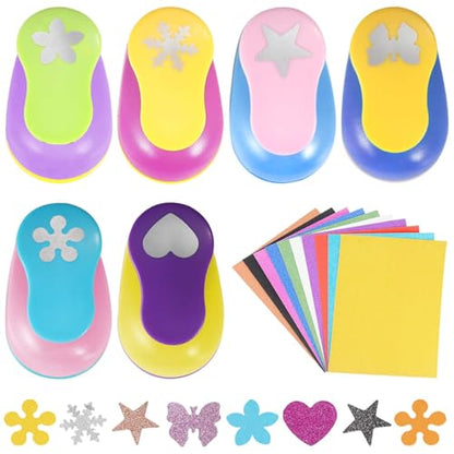 6 Pcs Colorful Craft Hole Punch with 10 Glitter Cardstock Papers (6 Count)