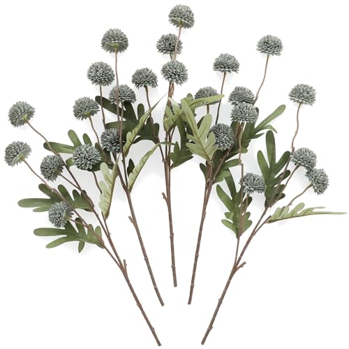 5pcs Dusty Sage Green Faux Silk Mums Artificial Flowers (25 Count)