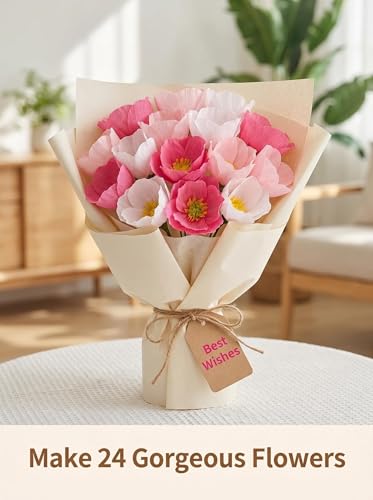 Pink Crepe Paper Poppy Bouquet Making Kit 24 pcs DIY Craft Set for Home Decor & Events Complete Craft Materials for Floral Art (194 Count)