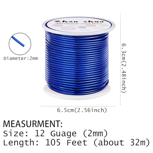 12 Gauge(2mm) Aluminum Wire 35 Yards Anodized Metal Wire for Bonsai Armature Crafting Sculpting Jewelry Craft Making Beading Floral (Blue, 12 Gauge) (105 Foot)