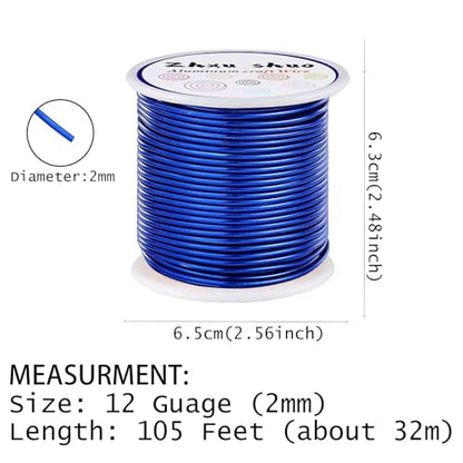 12 Gauge(2mm) Aluminum Wire 35 Yards Anodized Metal Wire for Bonsai Armature Crafting Sculpting Jewelry Craft Making Beading Floral (Blue, 12 Gauge) (105 Foot)