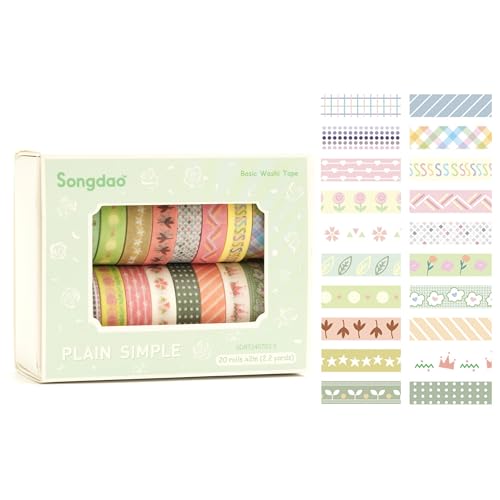 20 Rolls Basic Washi Tape Set Japanese Arts Adhesive Tapes Simple Patterns Decorative Masking Tape Sets for Craft (20 Count)