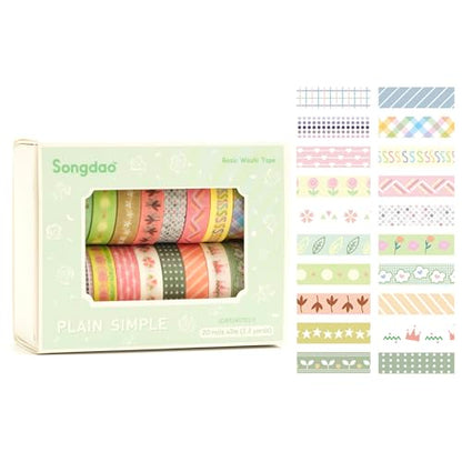 20 Rolls Basic Washi Tape Set Japanese Arts Adhesive Tapes Simple Patterns Decorative Masking Tape Sets for Craft (20 Count)