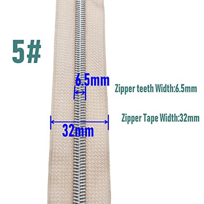 5 Silver Teeth Metallic Nylon Coil Zippers by The Yard Bulk 10 Yards Beige Zipper Tape with 25pcs Silver Sliders for DIY Sewing Tailor Craft Bag Luggage Sofa Zipper