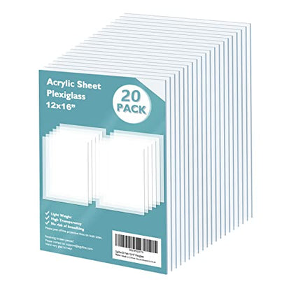 Plexiglass Sheets Acrylic Sheets 20 Pack of 12x16’’ 0.04 Thick Clear Plastic Cast Transparent Plexi Glass for Crafting Projects (20 Count)