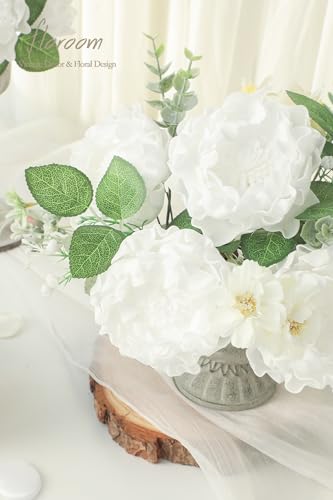 Artificial Flowers 16pcs 4" White Blooming Peonies Real Looking Foam Fake Peony with Stems for DIY Wedding Bouquets Bridal Shower Centerpieces Floral Arrangements Party Tables Home Decorations (16 Count)