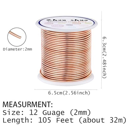 12 Gauge(2mm) Aluminum Wire 35 Yards Anodized Metal Wire for Bonsai Armature Crafting Sculpting Jewelry Craft Making Beading Floral (Copper, 12 Gauge) (105 Foot)