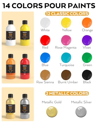 14 Colors 8.45oz Acrylic Pour Paint Supplies Kit (118.3 Fl Oz)