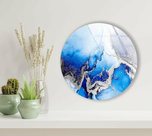 27.5''(70cm) Diameter Blue Marble Round with Silver Details Glass Wall Art Tempered Glass Printing Wall Decor Large Wall Art Wall Hangings