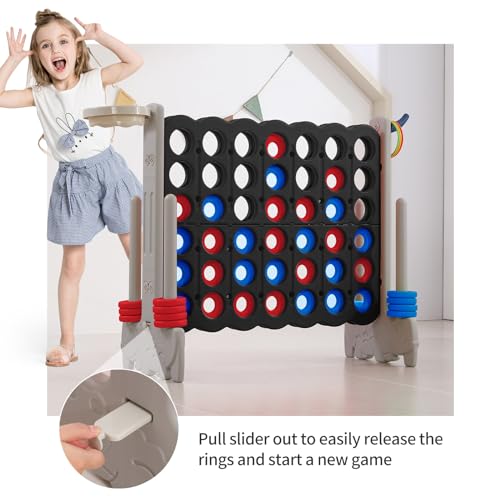 Giant 4-in-a-Row Game with Carry Bag, 3-in-1 Jumbo 4-to-Score Outdoor Yard Game with Basketball Hoop, Ring Toss, Quick-Release Slider, 42 Rings, Family Party Game for Kids & Adults