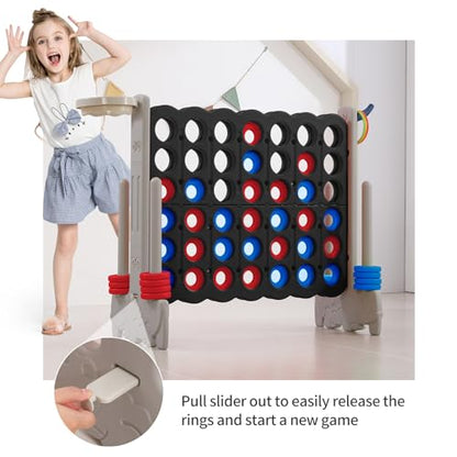 Giant 4-in-a-Row Game with Carry Bag, 3-in-1 Jumbo 4-to-Score Outdoor Yard Game with Basketball Hoop, Ring Toss, Quick-Release Slider, 42 Rings, Family Party Game for Kids & Adults