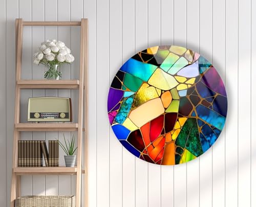 39,4''(100cm) Diameter Multicolor Round Stained Glass Wall Art Vibrant Mosaic Abstract Panel Tempered Glass Printing Wall Decor Large Wall Art Wall Hangings