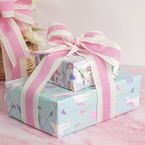 Pink White Stripe Wired Burlap Ribbon with Ivory Stripes Edge (30 Foot)