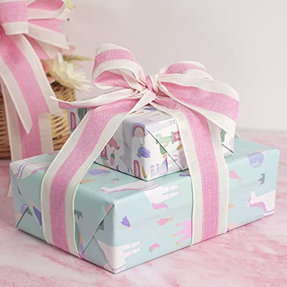 Pink White Stripe Wired Burlap Ribbon with Ivory Stripes Edge (30 Foot)