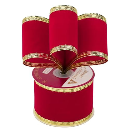 2.5 Inch Red Velvet Christmas Ribbon 10 Yards Velvet Wired Ribbons with Gold Greek Key Edge Ribbons Red Ribbon for Christmas Tree Decoration (30 Foot)