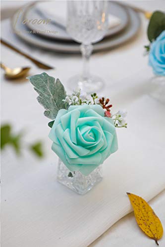 Artificial Flowers 25pcs Real Looking Robin's Egg Blue Foam Fake Roses with Stems for DIY Wedding Bouquets Baby Shower Centerpieces Floral Arrangements Party Tables Home Decorations (25 Count)
