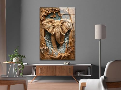 Round 24'' Elephant Carving Glass Wall Art Tempered Glass Printing Wall Decor Large Wall Art Wall Hangings