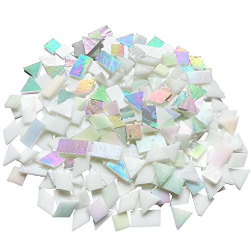 Iridescent White Glass Mosaic Tiles for Crafts (9 Ounce)